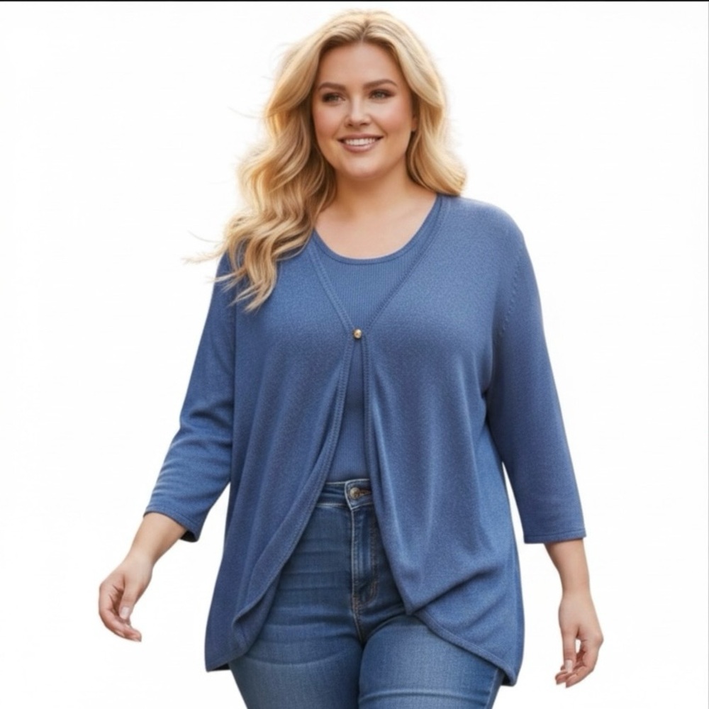 Sag Harbor Blue Knit 2 Piece Cardigan MomCore Sweater Set Plus 2X